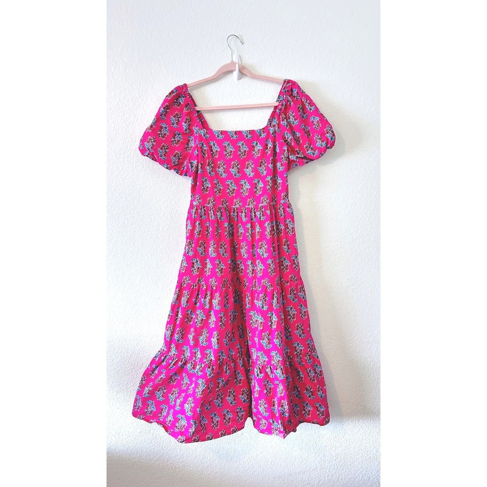 J.Crew Pink Floral Brunch Block Print Puff Sleeve Tiered Midi Dress SZ 8 - Picture 2 of 9